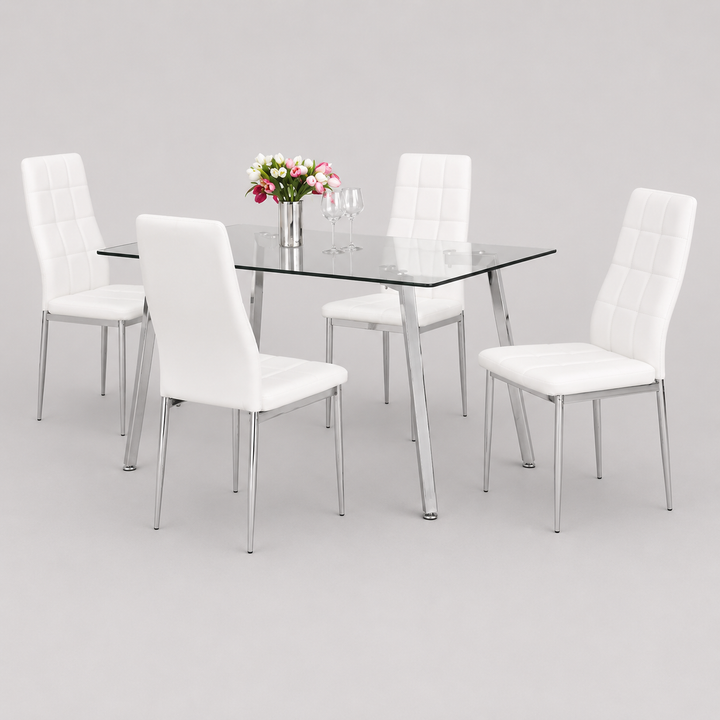 Arlovo 5-Piece Dinette Set – Tempered Clear Glass Table with Chrome Legs & White Cushion Chairs