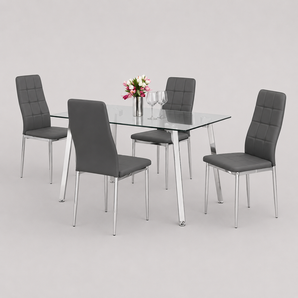 Arlovo 5-Piece Dinette Set – Tempered Clear Glass Table with Chrome Legs & Grey Cushion Chairs