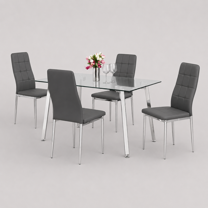 Arlovo 5-Piece Dinette Set – Tempered Clear Glass Table with Chrome Legs & Grey Cushion Chairs