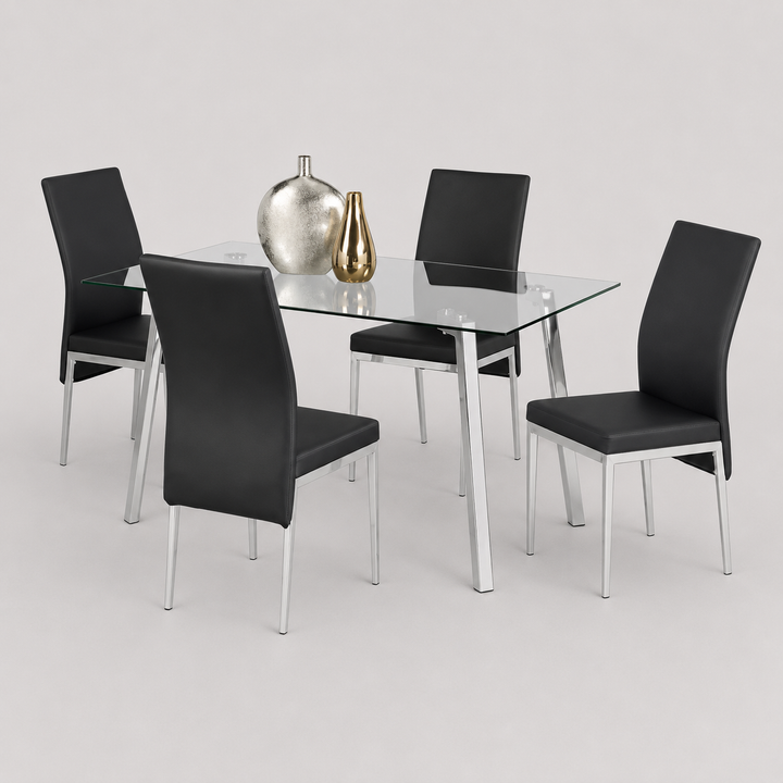 Zenvello 5-Piece Dinette Set – Tempered Clear Glass Table with Chrome Legs & Black Cushion Chairs