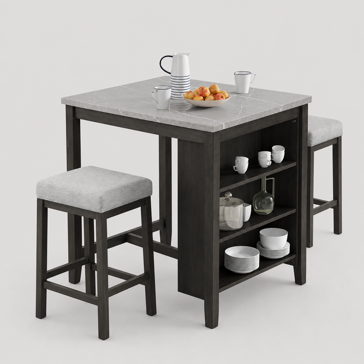Orient Counter Dining Table Set For 2 With Fabric Upholstered Stools - Grey | Stylish, Compact, Affordable & Durable