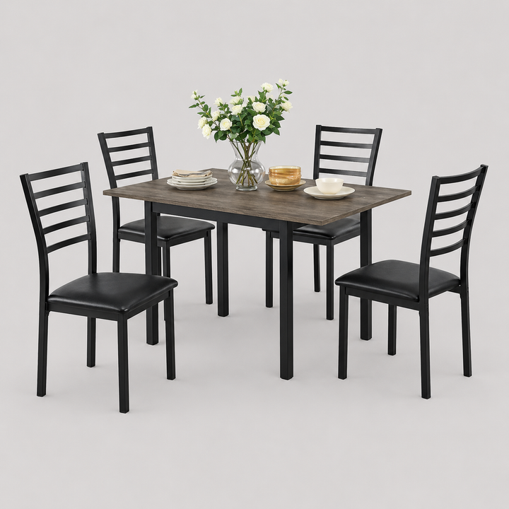 Vantrell 5-Piece Dinette Set – Distressed Wooden Drop Leaf Table with Upholstered Chairs
