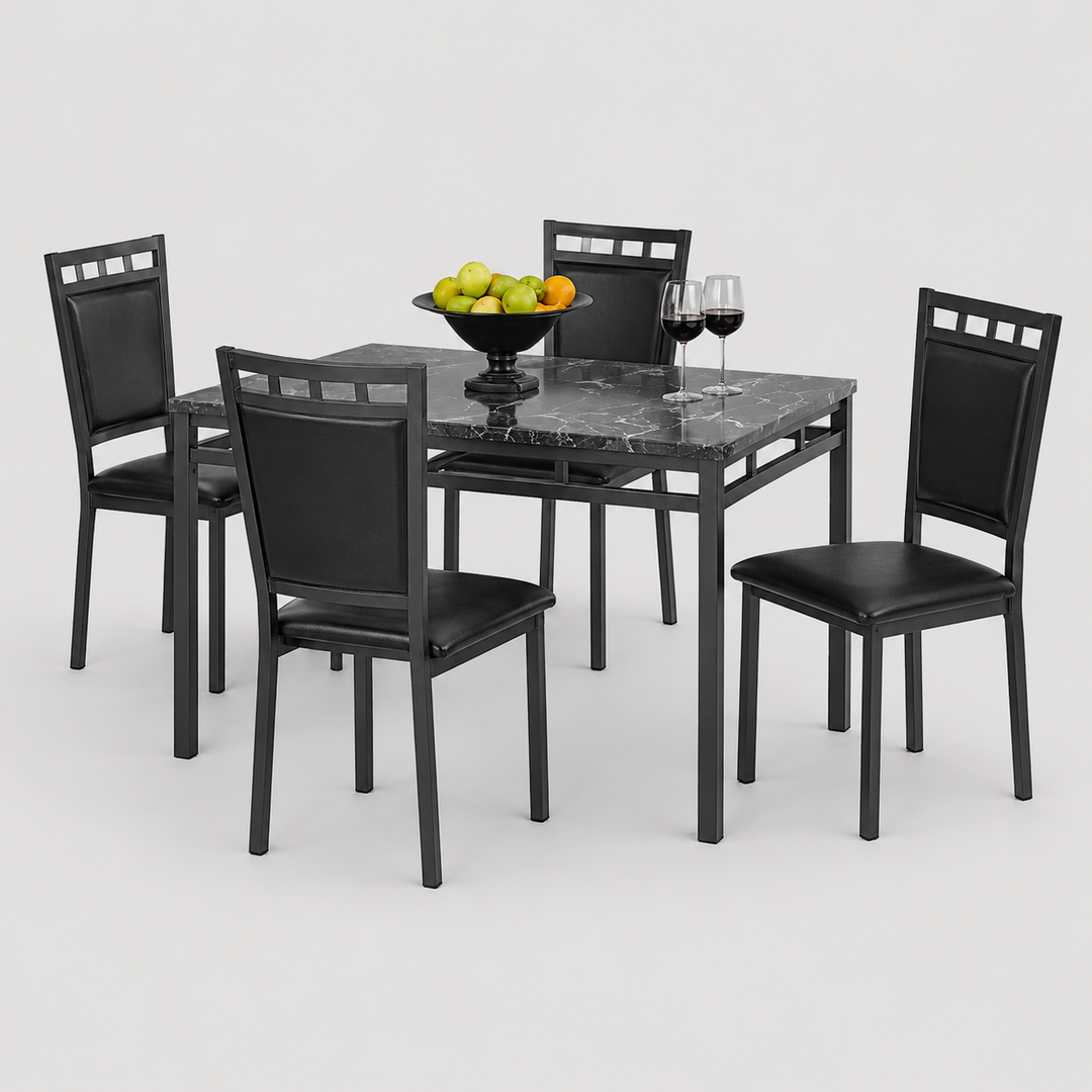 Dentara 5-Piece Dinette Set – Gun Metal Table with Black PU Chairs
