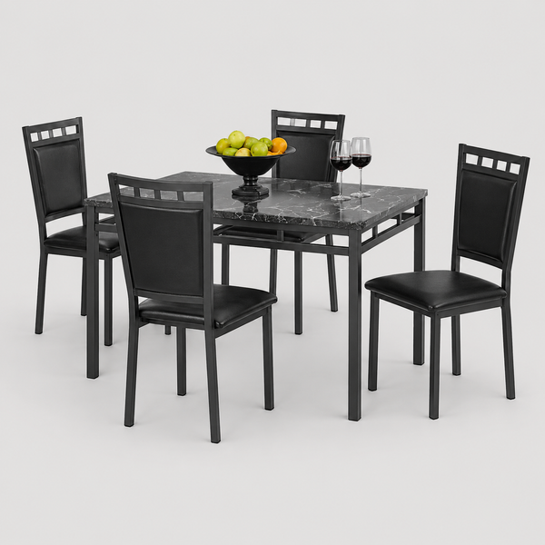 Dentara 5-Piece Dinette Set – Gun Metal Table with Black PU Chairs