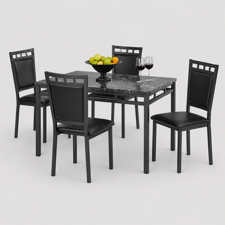 Dentara 5-Piece Dinette Set – Gun Metal Table with Black PU Chairs