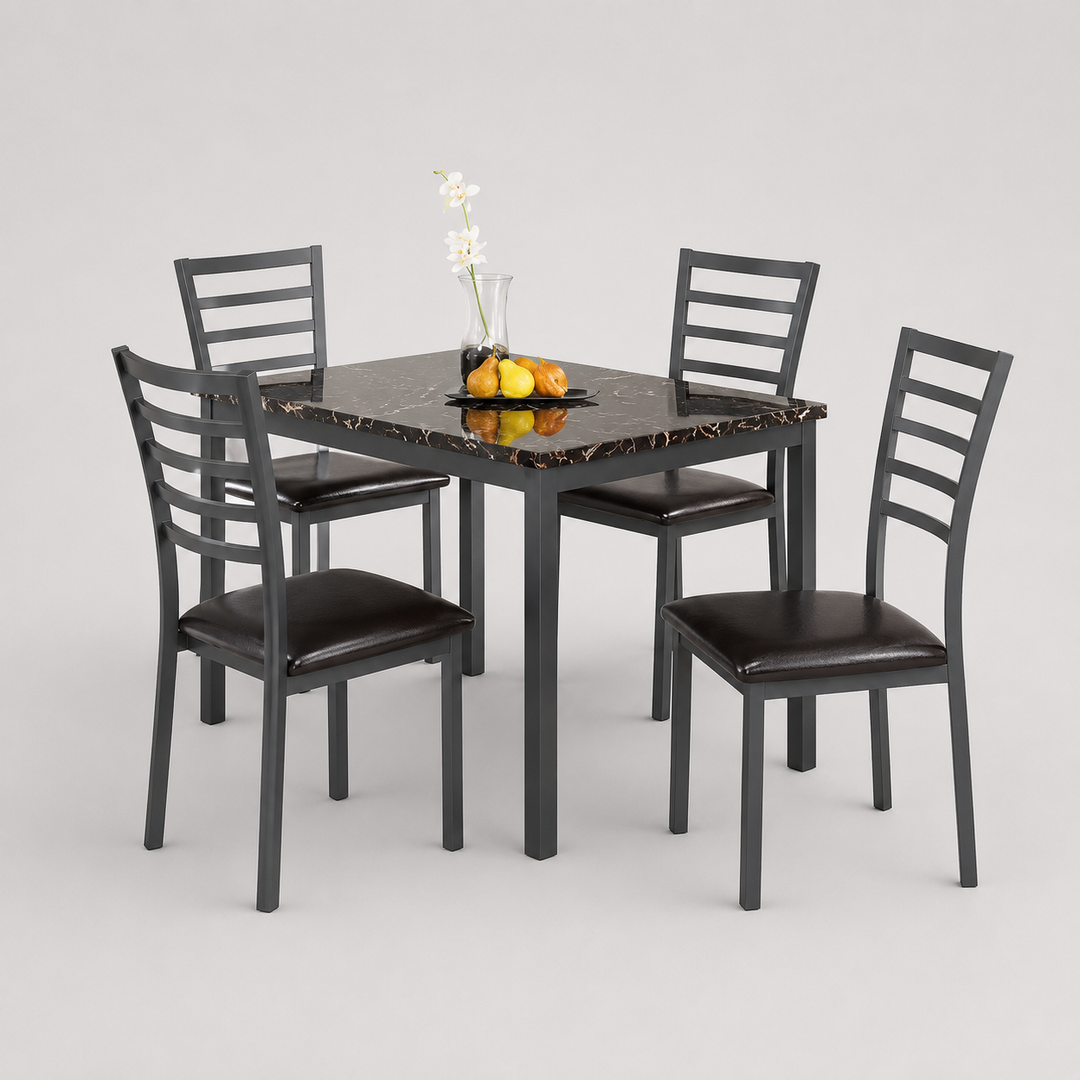 Aurevra 5-Piece Dinette Set – Marble Top Table with PU Leather Chairs