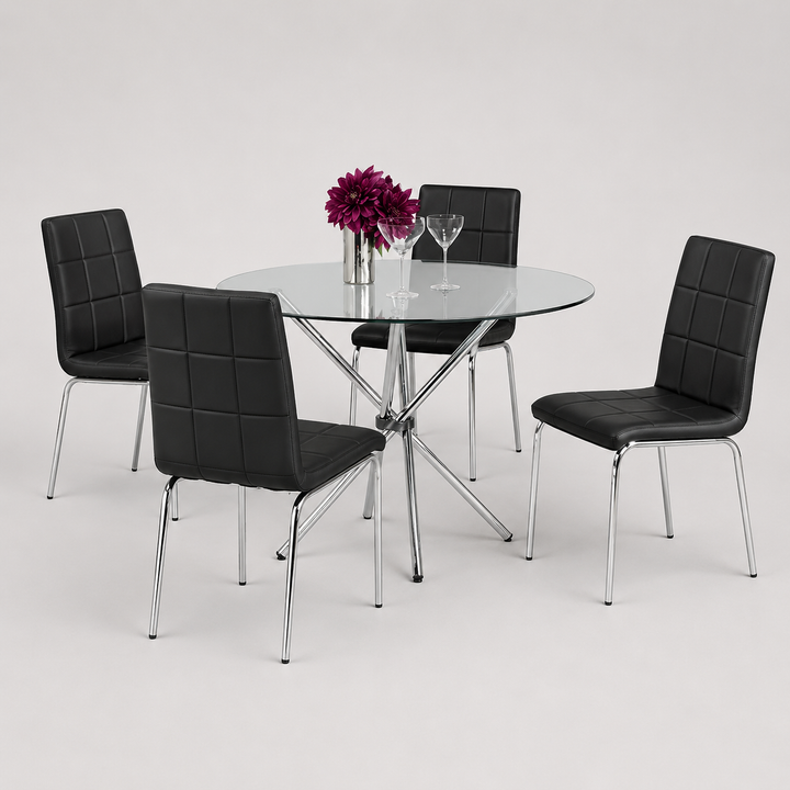 Vantira 5-Piece Dinette Set – Tempered Glass Table with Chrome Legs & Black Cushion Chairs