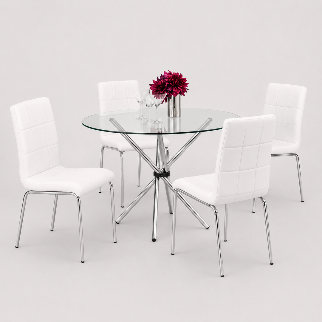 Vantira 5-Piece Dinette Set – Tempered Glass Table with Chrome Legs & White Cushion Chairs