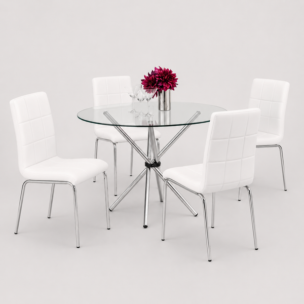 Vantira 5-Piece Dinette Set – Tempered Glass Table with Chrome Legs & White Cushion Chairs