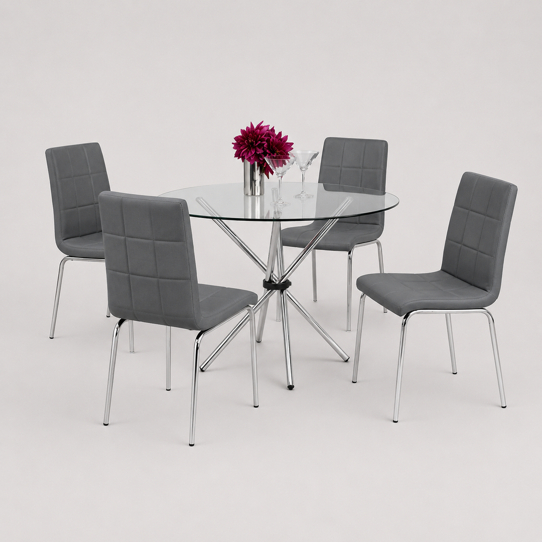 Vantira 5-Piece Dinette Set – Tempered Glass Table with Chrome Legs & Grey Cushion Chairs