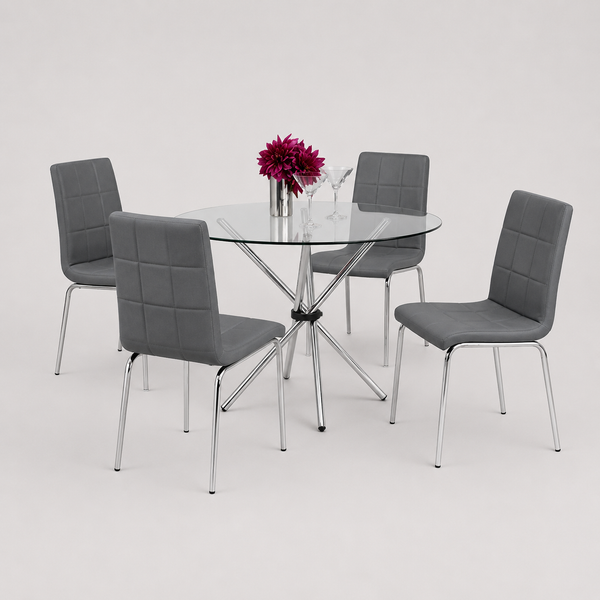Vantira 5-Piece Dinette Set – Tempered Glass Table with Chrome Legs & Grey Cushion Chairs