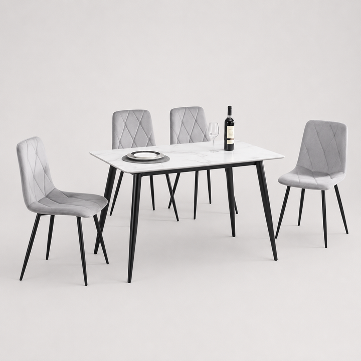 Velvoro 5-Piece Dinette Set – Snowy White Marble Sintered Stone Table with Black Steel Legs & Light Grey Velvet Chairs