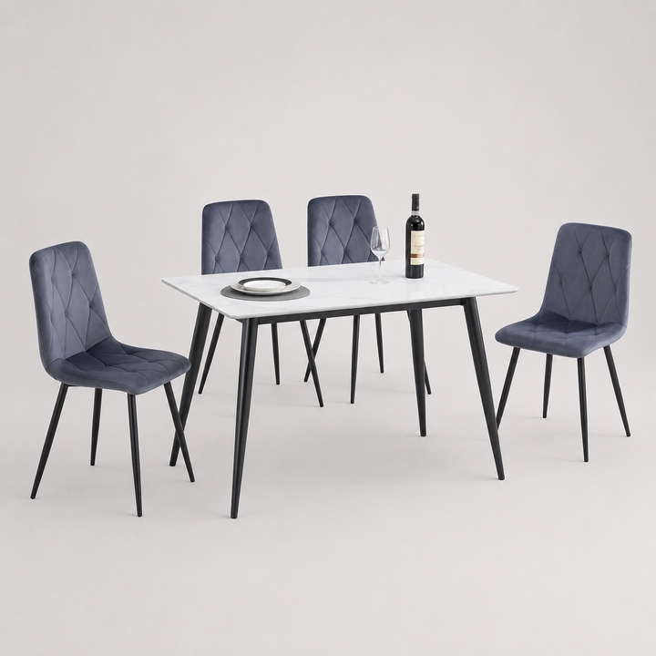 Velvoro 5-Piece Dinette Set – Snowy White Marble Sintered Stone Table with Black Steel Legs & Dark Grey Velvet Chairs
