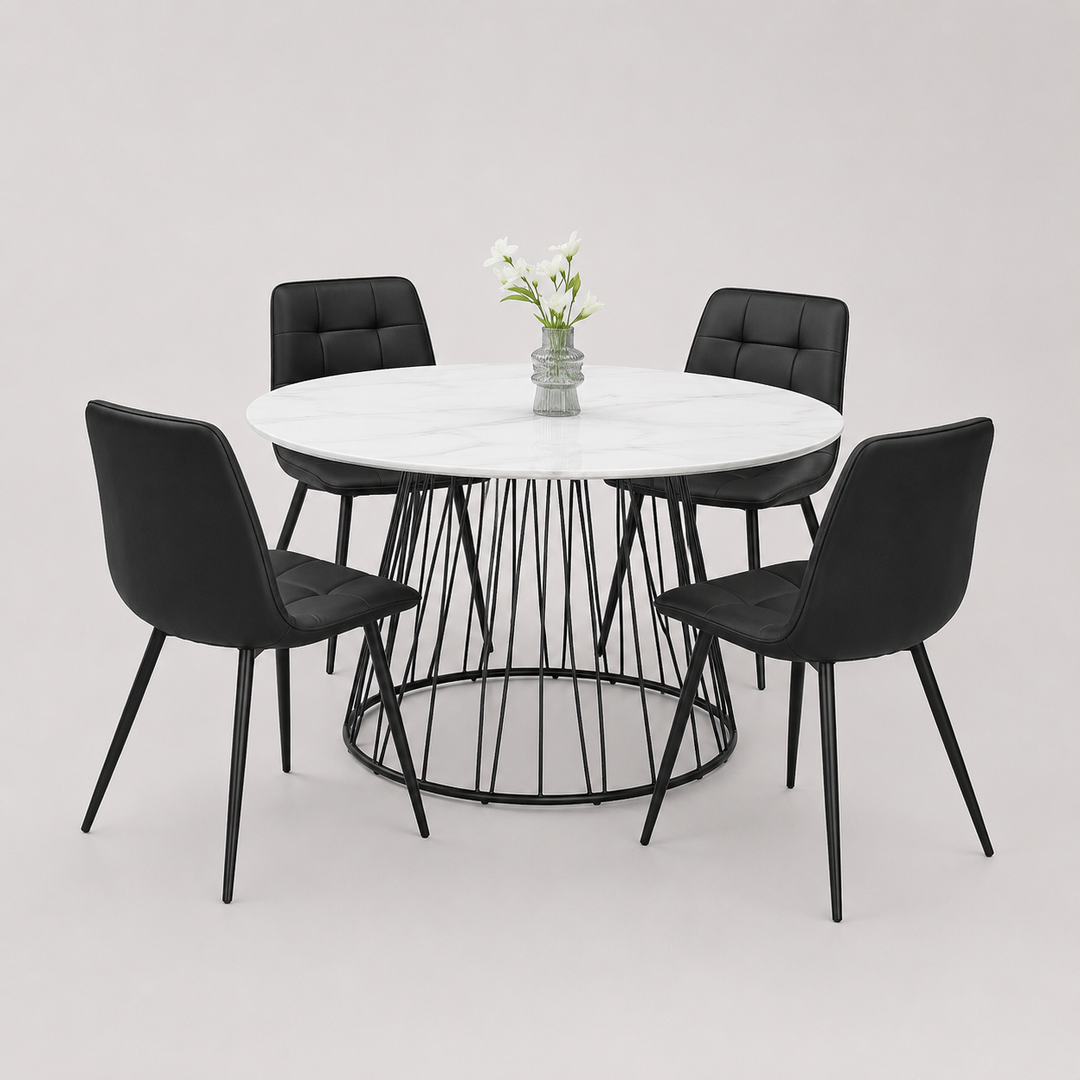 Marvesta 5-Piece Dinette Set – White Marble Veneer Round Table with Black Pedestal Steel Base & Black Velvet Chairs