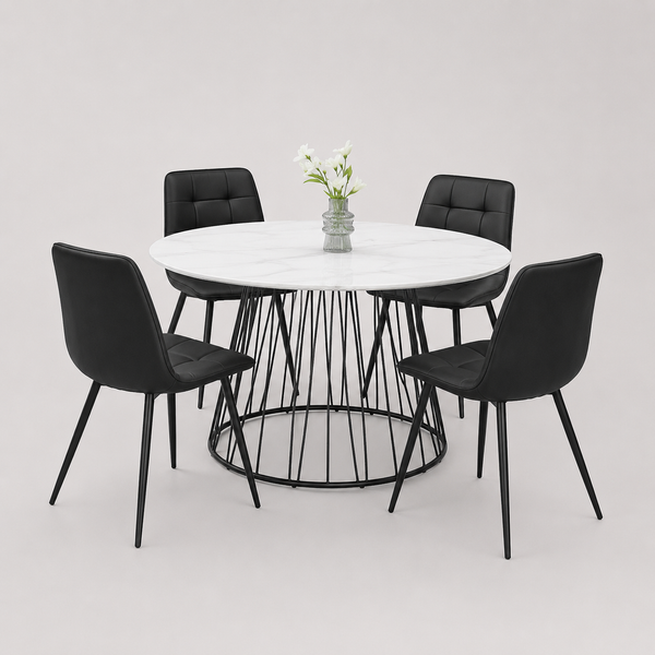 Marvesta 5-Piece Dinette Set – White Marble Veneer Round Table with Black Pedestal Steel Base & Black Velvet Chairs