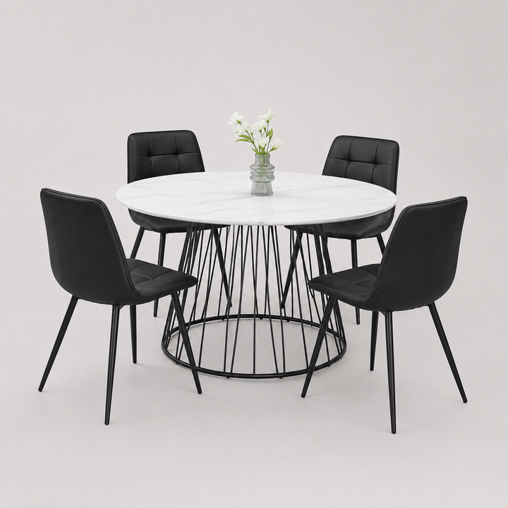 Marvesta 5-Piece Dinette Set – White Marble Veneer Round Table with Black Pedestal Steel Base & Black Velvet Chairs