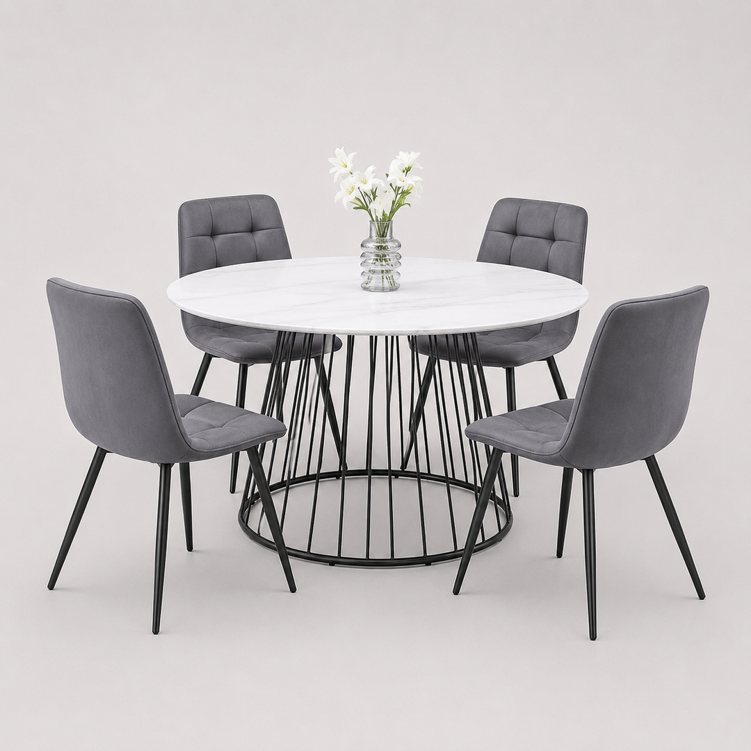 Marvesta 5-Piece Dinette Set – White Marble Veneer Round Table with Black Pedestal Steel Base & Soft Grey Velvet Chairs