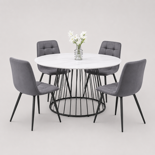 Marvesta 5-Piece Dinette Set – White Marble Veneer Round Table with Black Pedestal Steel Base & Soft Grey Velvet Chairs