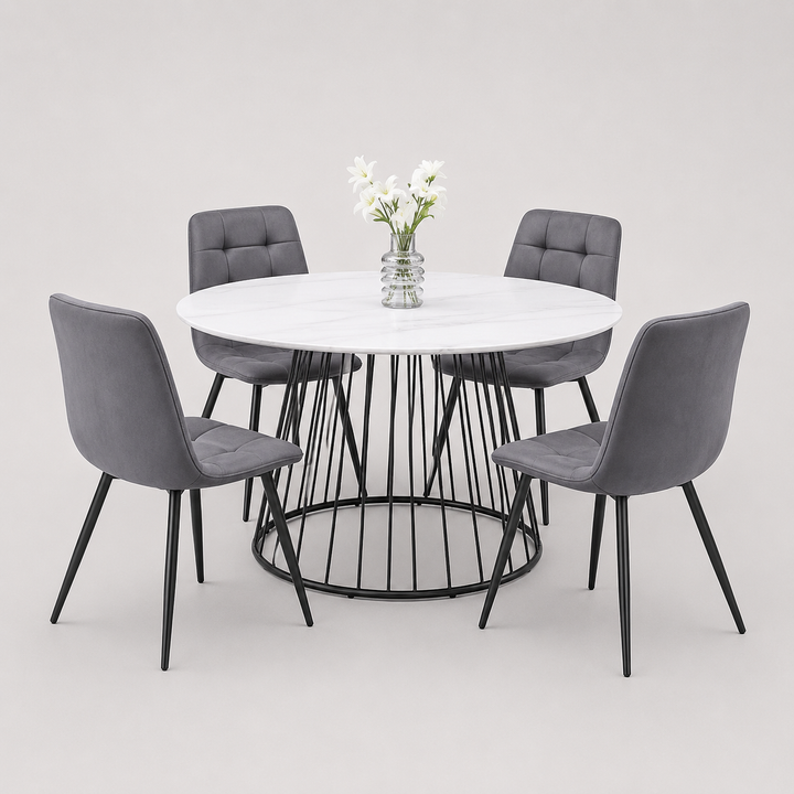 Marvesta 5-Piece Dinette Set – White Marble Veneer Round Table with Black Pedestal Steel Base & Soft Grey Velvet Chairs