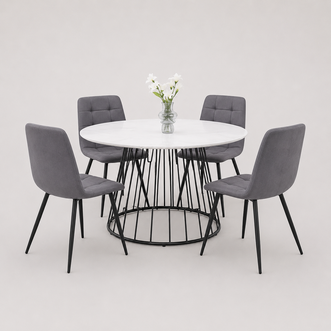 Marvesta 5-Piece Dinette Set – White Marble Veneer Round Table with Black Pedestal Steel Base & Grey Fabric Chairs