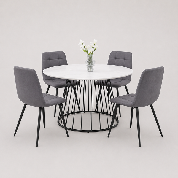 Marvesta 5-Piece Dinette Set – White Marble Veneer Round Table with Black Pedestal Steel Base & Grey Fabric Chairs