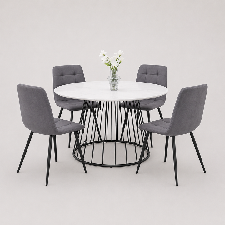 Marvesta 5-Piece Dinette Set – White Marble Veneer Round Table with Black Pedestal Steel Base & Grey Fabric Chairs