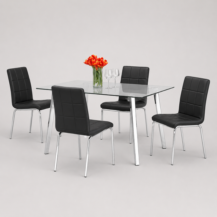 Sylviro 5-Piece Dinette Set – Tempered Clear Glass Table with Chrome Legs & Black Cushion Chairs