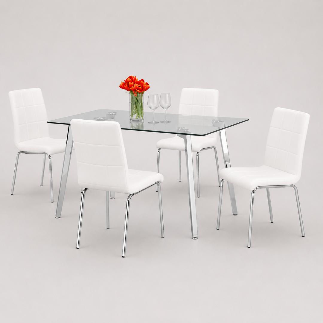 Sylviro 5-Piece Dinette Set – Tempered Clear Glass Table with Chrome Legs & White Cushion Chairs