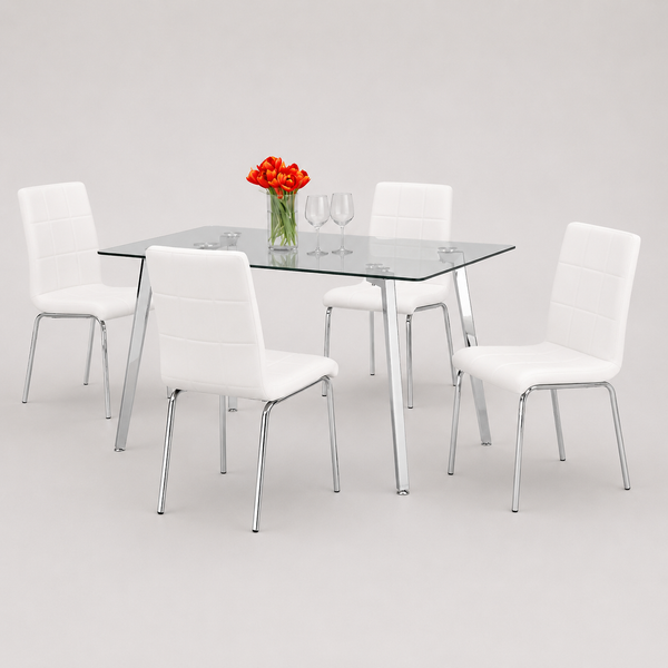 Sylviro 5-Piece Dinette Set – Tempered Clear Glass Table with Chrome Legs & White Cushion Chairs
