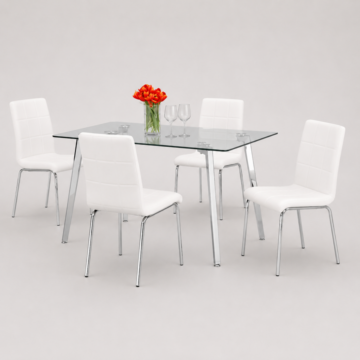 Sylviro 5-Piece Dinette Set – Tempered Clear Glass Table with Chrome Legs & White Cushion Chairs