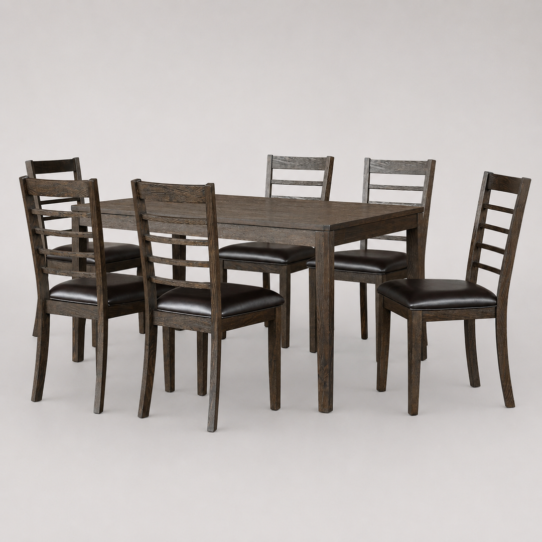 Ember Wooden Dining Table Set For 7 With PU Upholstered Chairs - Espresso | Mid-Century Elegance, Solid Wood Construction & Comfy Seating