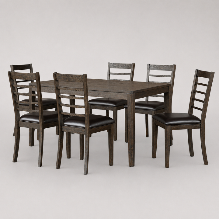 Ember Wooden Dining Table Set For 7 With PU Upholstered Chairs - Espresso | Mid-Century Elegance, Solid Wood Construction & Comfy Seating
