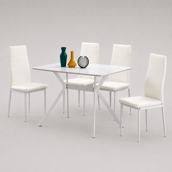 Meadow Metallic Dining Table Set For 5 With PU Upholstered Chairs - White | Stylish, Sturdy, Comfortable & Affordable