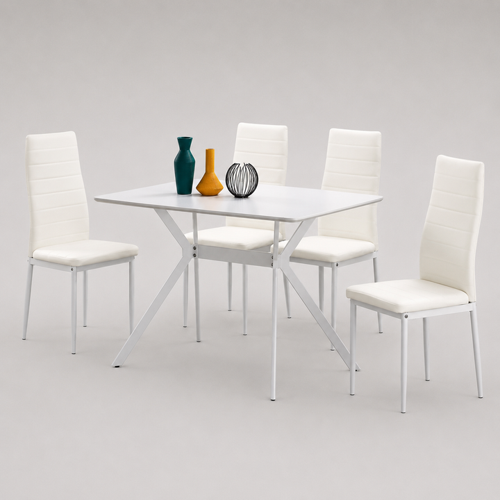 Meadow Metallic Dining Table Set For 5 With PU Upholstered Chairs - White | Stylish, Sturdy, Comfortable & Affordable