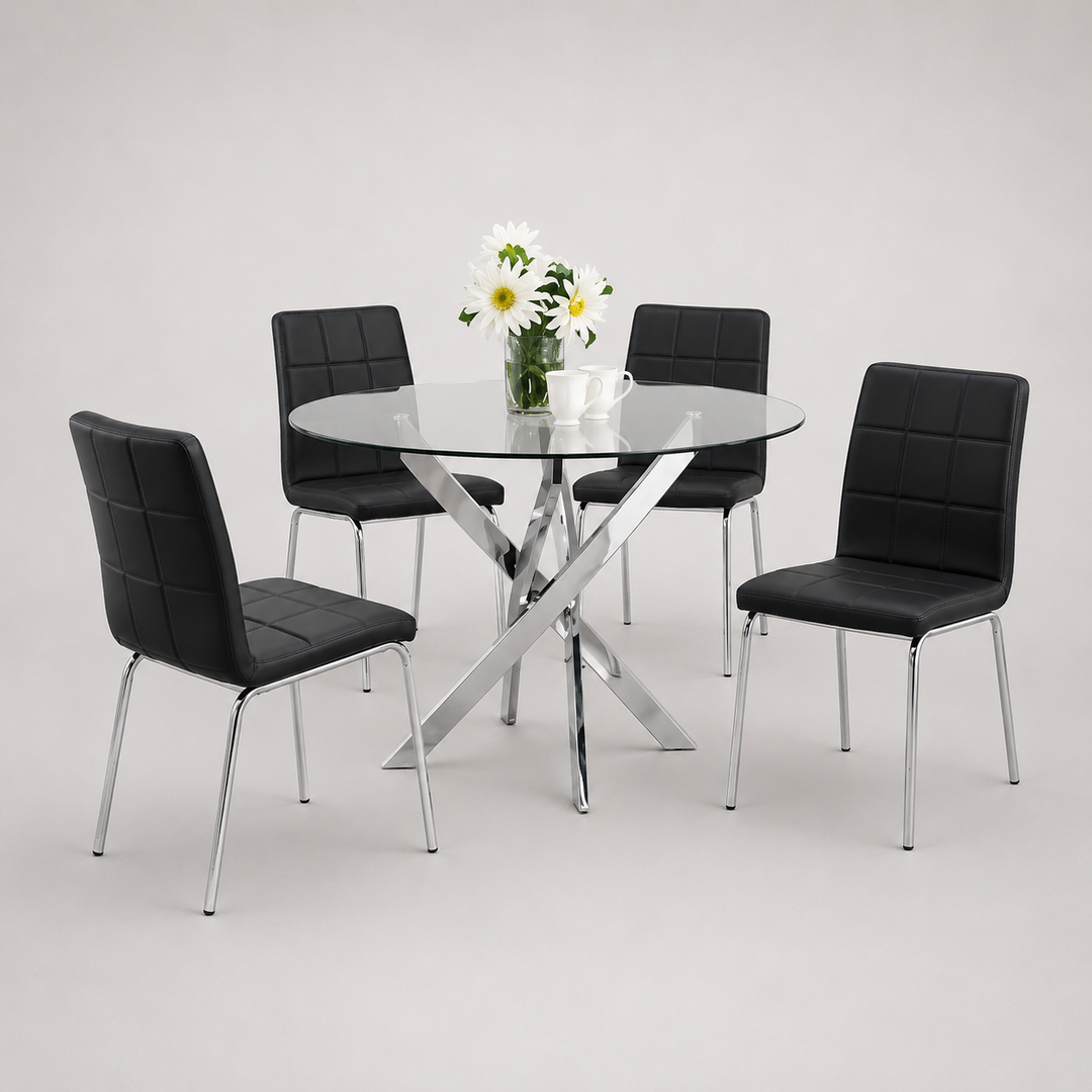 Bravora 5-Piece Dinette Set – Tempered Clear Glass Table with Chrome Legs & Black PU Chairs