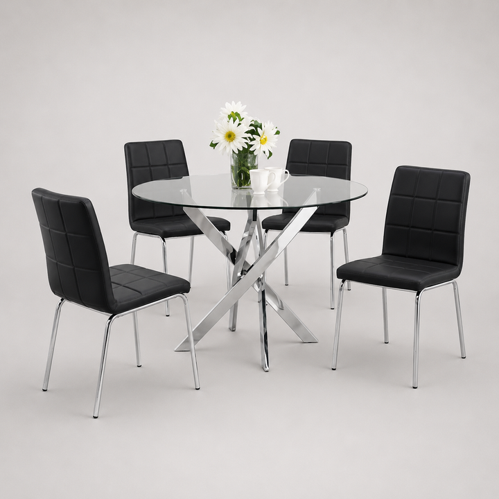 Bravora 5-Piece Dinette Set – Tempered Clear Glass Table with Chrome Legs & Black PU Chairs