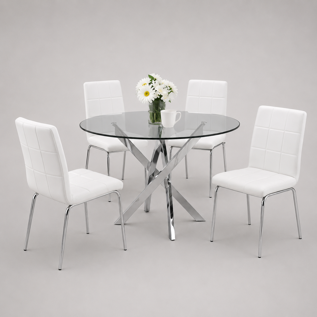 Bravora 5-Piece Dinette Set – Tempered Clear Glass Table with Chrome Legs & White PU Chairs