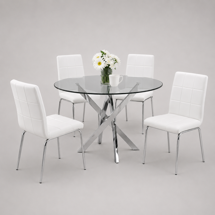 Bravora 5-Piece Dinette Set – Tempered Clear Glass Table with Chrome Legs & White PU Chairs