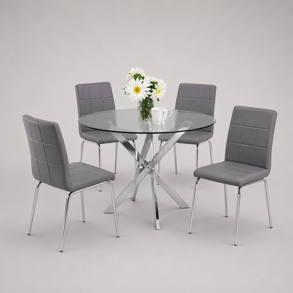 Bravora 5-Piece Dinette Set – Tempered Clear Glass Table with Chrome Legs & Grey PU Chairs