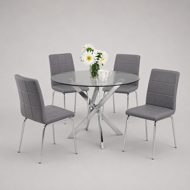 Bravora 5-Piece Dinette Set – Tempered Clear Glass Table with Chrome Legs & Grey PU Chairs