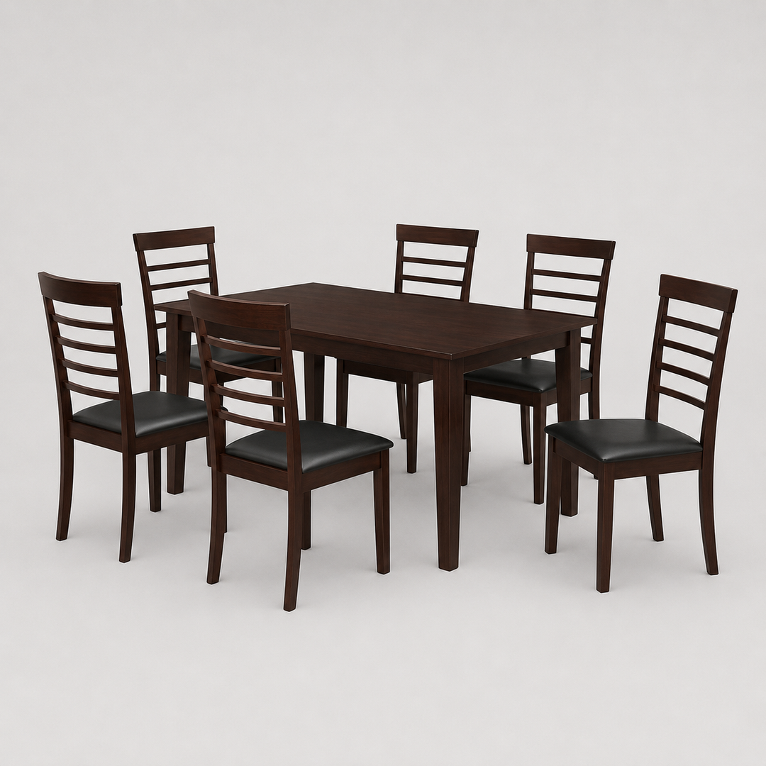 Walvera 7-Piece Dinette Set – Espresso Dining Table with Black Cushion Chairs