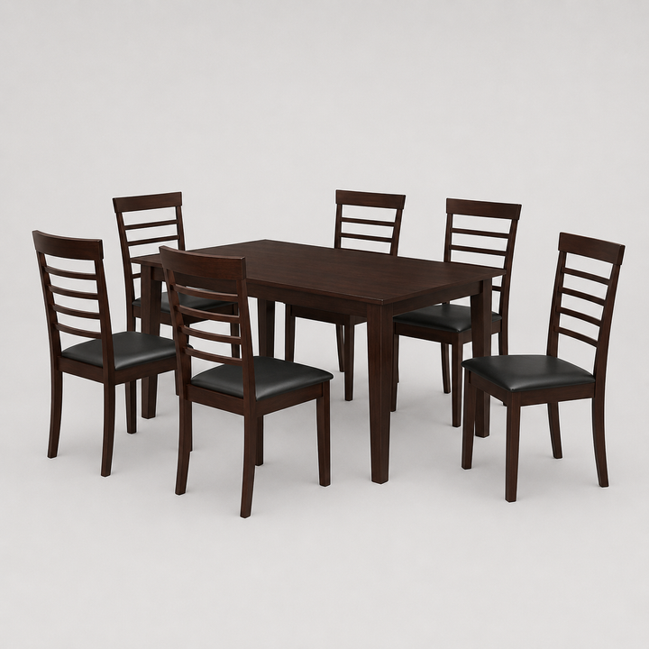 Walvera 7-Piece Dinette Set – Espresso Dining Table with Black Cushion Chairs