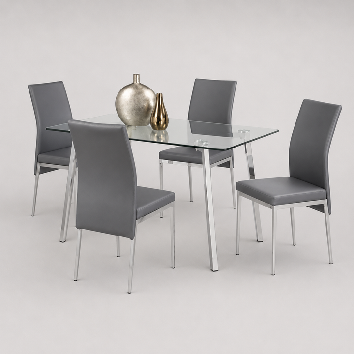 Zenvello 5-Piece Dinette Set – Tempered Clear Glass Table with Chrome Legs & Grey Cushion Chairs