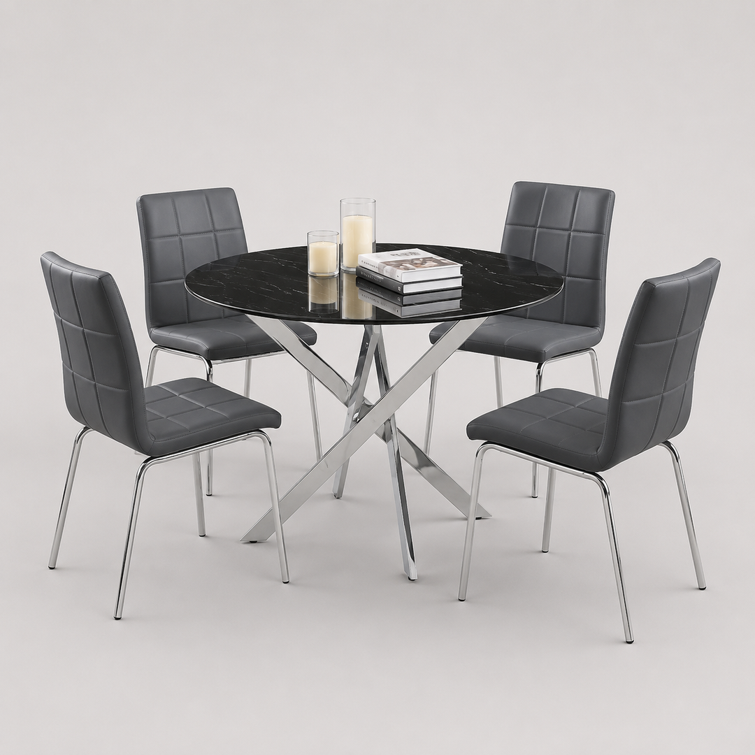 Almora 5-Piece Dinette Set – Black Marble Glass Table with Chrome Legs & Grey PU Chairs