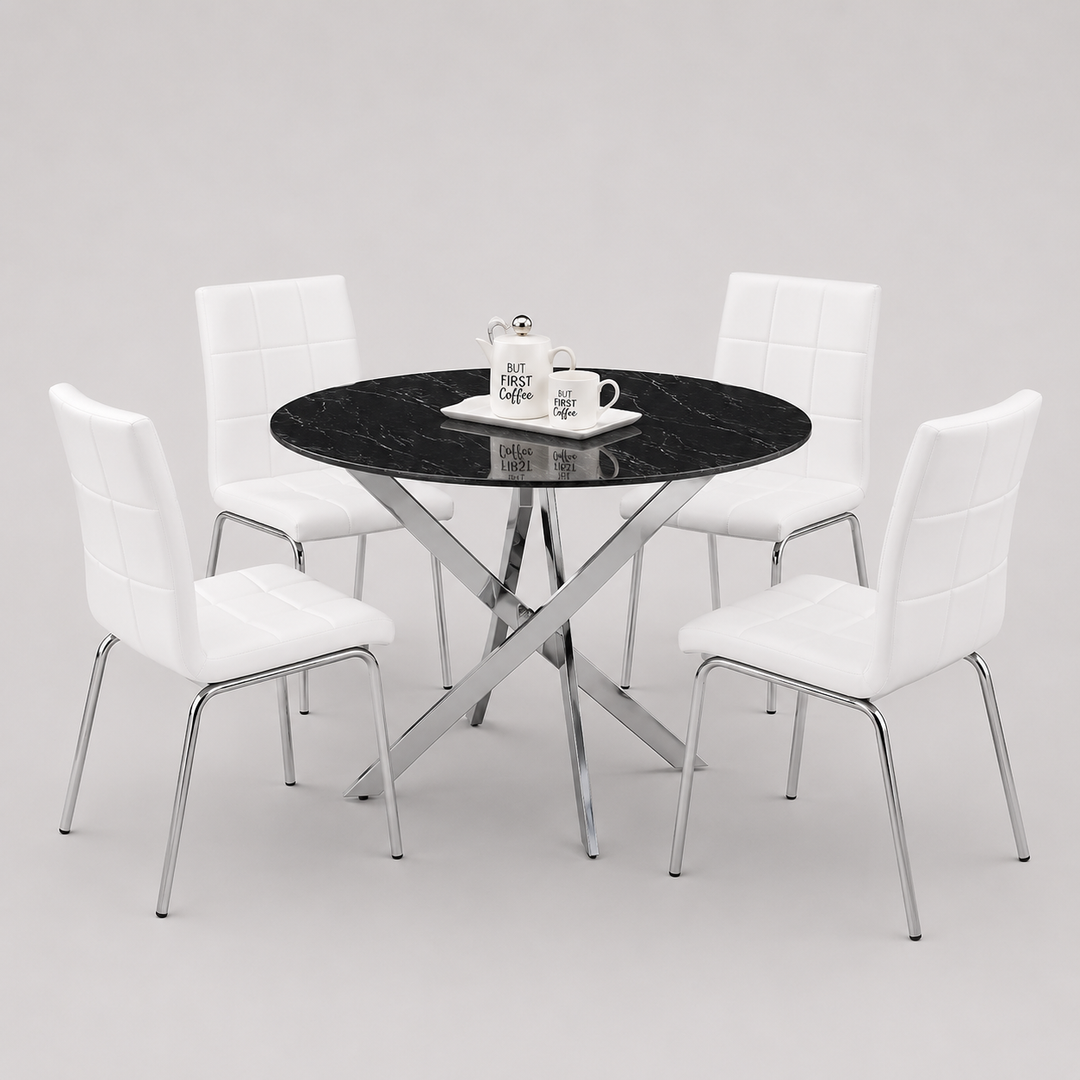Almora 5-Piece Dinette Set – Black Marble Glass Table with Chrome Legs & White PU Chairs