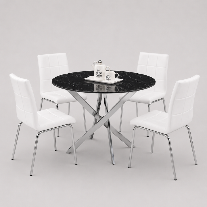 Almora 5-Piece Dinette Set – Black Marble Glass Table with Chrome Legs & White PU Chairs