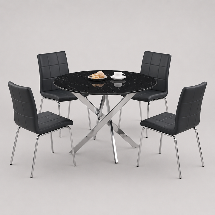 Almora 5-Piece Dinette Set – Black Marble Glass Table with Chrome Legs & Black PU Chairs