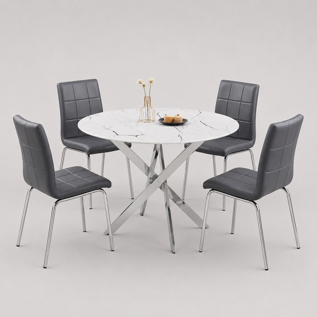 Almora 5-Piece Dinette Set – White Marble Glass Table with Chrome Legs & Grey PU Chairs