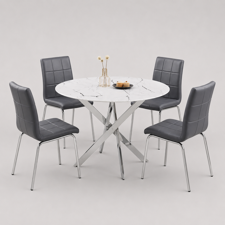 Almora 5-Piece Dinette Set – White Marble Glass Table with Chrome Legs & Grey PU Chairs