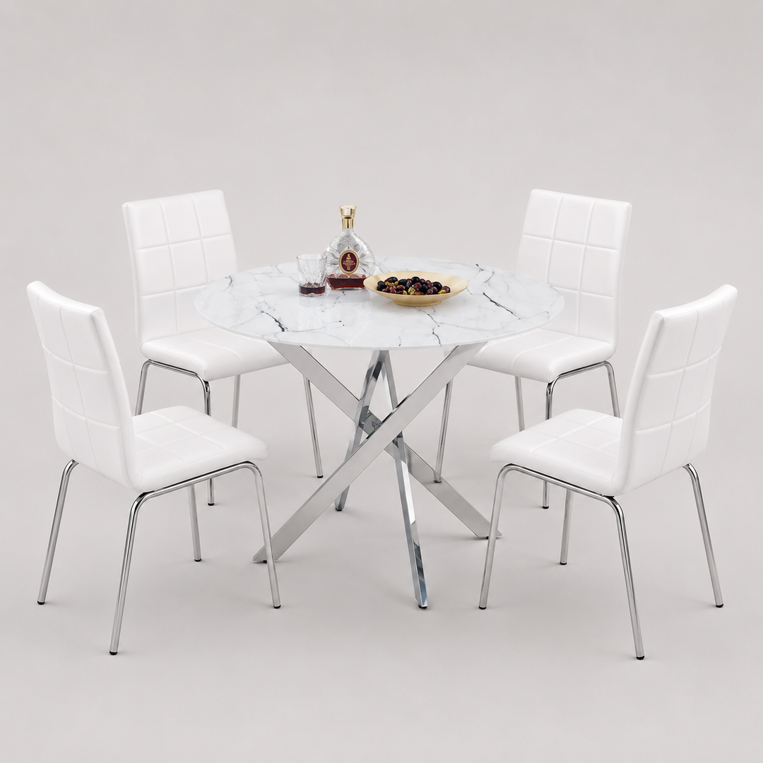 Almora 5-Piece Dinette Set – White Marble Glass Table with Chrome Legs & White PU Chairs